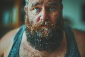 Detailed close-up of a middle-aged man with a thick beard, intense gaze, portrait - obrazy, fototapety, plakaty