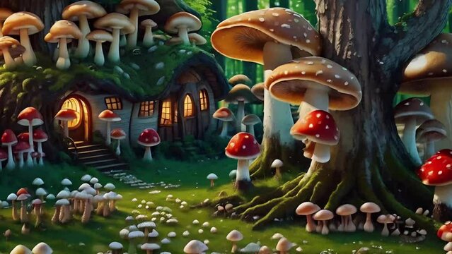 picture of mushrooms, mushroom-shaped houses and trees in the forest