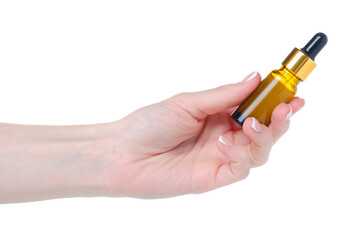 Cosmetic bottle hyaluronic acid in hand isolation
