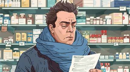 a sick man with a prescription is standing in a pharmacy, he is sick, with a blue scarf around his neck