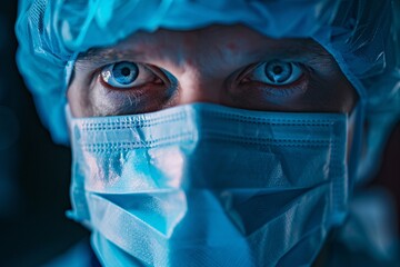 Close-up of a surgeon in blue scrubs with a piercing gaze.. Piercing eyes of a male surgeon in scrubs, with a mask and cap, in a clinical setting.