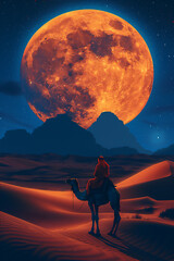 Fototapeta premium Islamic New Year and Eid Al-Adha theme with silhouette of person on camel against giant full moon at clear night in sahara desert