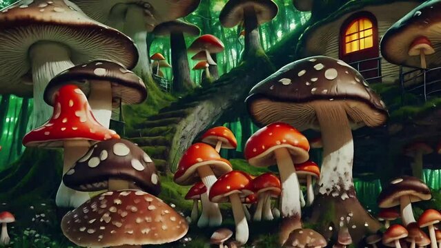 picture of mushrooms, mushroom-shaped houses and trees in the forest