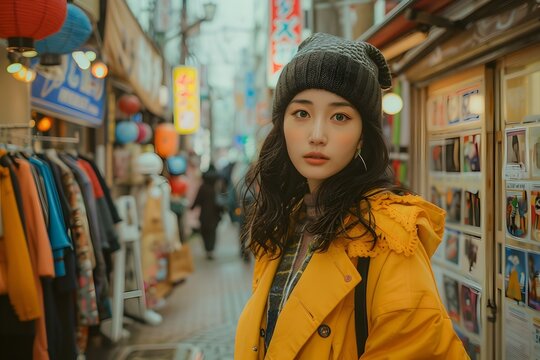 Young Woman Exploring Vibrant Harajuku Street with Colorful Stores and Diverse Urban Culture