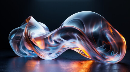 abstract glass waves with glowing orange edges on a black background, transparent fluid shapes