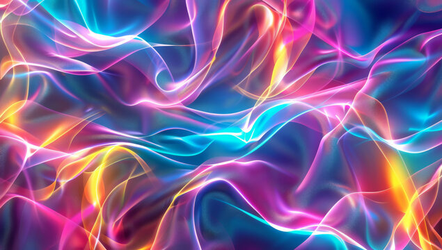 Fototapeta Abstract, wallpaper and art of 3d texture, glow and illustration isolated on a black background. Pattern, flow and iridescent with gradient of motion, neon or color of creative graphic on backdrop