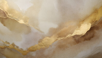 Watercolor paper grain texture painting wall. Abstract gold, nacre and beige marble. Generative AI.