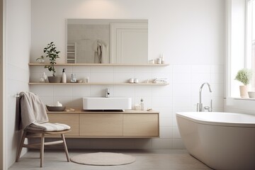 Fototapeta na wymiar Serene Scandinavian Bathroom Visions: Large Mirror, Soft Hues, Minimalist Decor