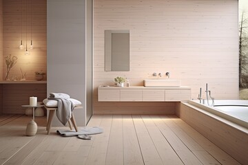 Large Mirror Serenity: Minimalist Scandinavian Bathroom with Soft Hues