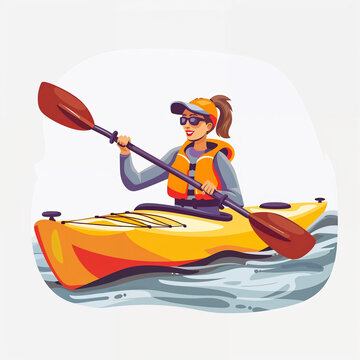 Illustration of a Woman Kayaker Navigating Waters with Determination and Skill. White Background. Generative AI image.