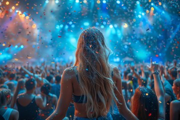 A sea of people celebrating at a vibrant concert with vivid lights and confetti illustrating the joy of live events - obrazy, fototapety, plakaty
