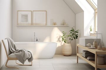 Fototapeta na wymiar Minimalist Serenity: Peaceful Scandinavian Bathroom Concepts with White Tiles