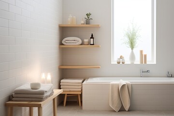 Fototapeta na wymiar Serene Scandinavian Minimalist Bathroom: White Tiles and Peaceful Vibes