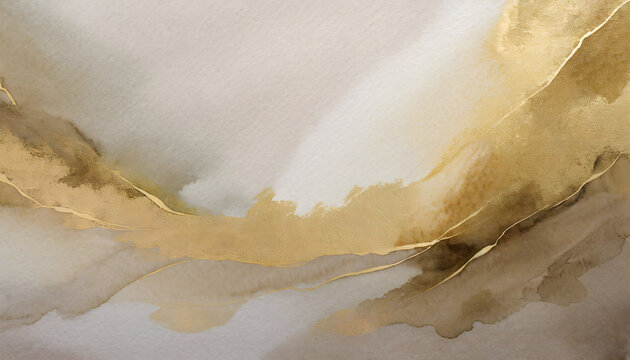 Watercolor paper grain texture painting wall. Abstract gold, nacre and beige marble. Generative AI.