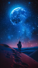 Fototapeta premium Islamic New Year and Eid Al-Adha theme with silhouette of person on camel against giant crescent moon at clear night in sahara desert