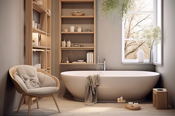 Fototapeta na wymiar Peaceful Scandinavian Bathroom: Muted Color Concepts for Clutter-Free and Relaxing Atmosphere