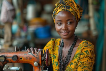 A smiling African woman posing with a traditional sewing machine and vibrant textiles