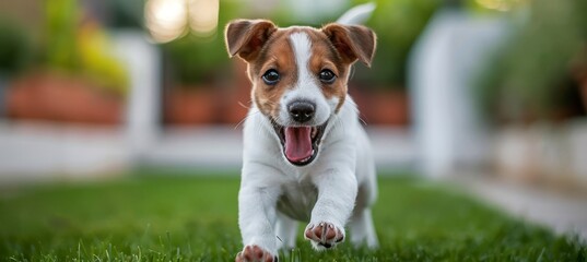 Playful puppy joyfully running in lush grass   adorable pet enjoying outdoor playtime