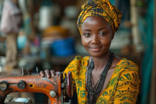 A smiling African woman posing with a traditional sewing machine and vibrant textiles