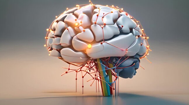 Abstract human brain with colorful wires emanating from it, symbolizing the complex connections and processes of the human mind