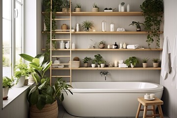 Fototapeta na wymiar Small Plants & Soft Textiles: Peaceful Scandinavian Bathroom with Open Shelving