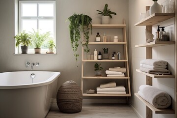 Fototapeta na wymiar Small Plants & Soft Textiles: Peaceful Scandinavian Bathroom Concepts with Open Shelving