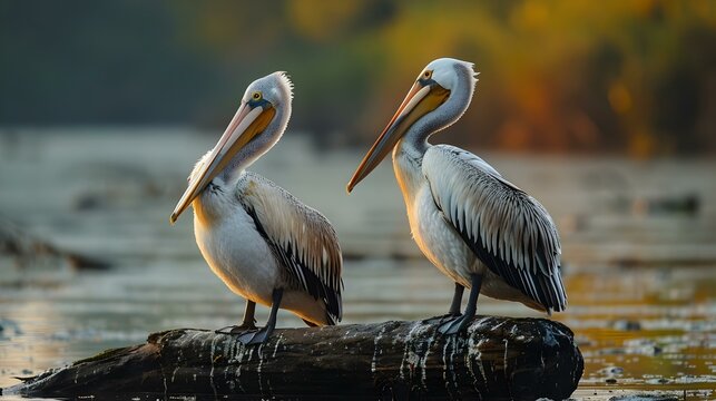 Serene Pelicans on Driftwood, Danube Delta at Dusk. Concept Nature Photography, Bird Watching, Wildlife Conservation, Sunset Scenery