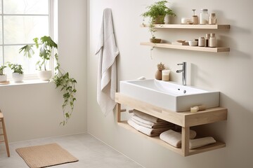 Fototapeta na wymiar Wall-Mounted Sink Serenity: Peaceful Scandinavian Bathroom Concepts in Neutral Tones