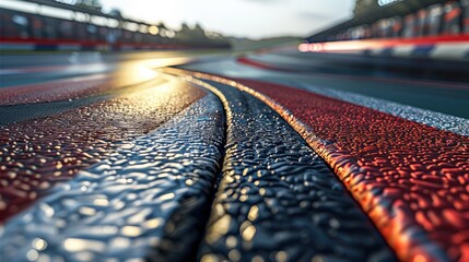 An asphalt race track, curving left, with tire marks and vibrant red and white curbstones. The...