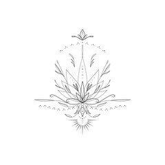 Minimalist ornamental lotus design. Geometric oriental mandala flower for tattoo, print, coloring book. Vector sacred geometry symbol