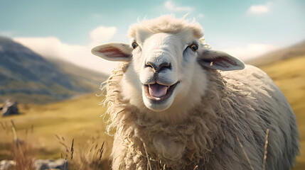 Obraz premium White sheep with smiley face in farm blurred background