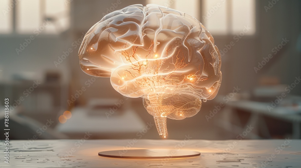 Poster Regular shape light lamp with brain, soft shadow, floating in the air, clear background, the lamp is clear glass, the composition is balanced. Generative AI.