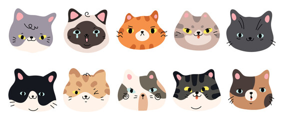Cute and smile cat heads doodle vector set. Comic happy cat faces character design of different cat breed with flat color isolated on white background. Design illustration for sticker, comic, clipart.
