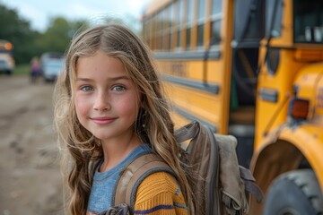 A young girl with a backpack standing confidently in front of a parked school bus