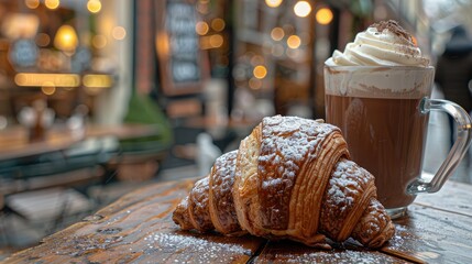 A croissant and hot chocolate with cream on top, placed next to each other in front of the table at...