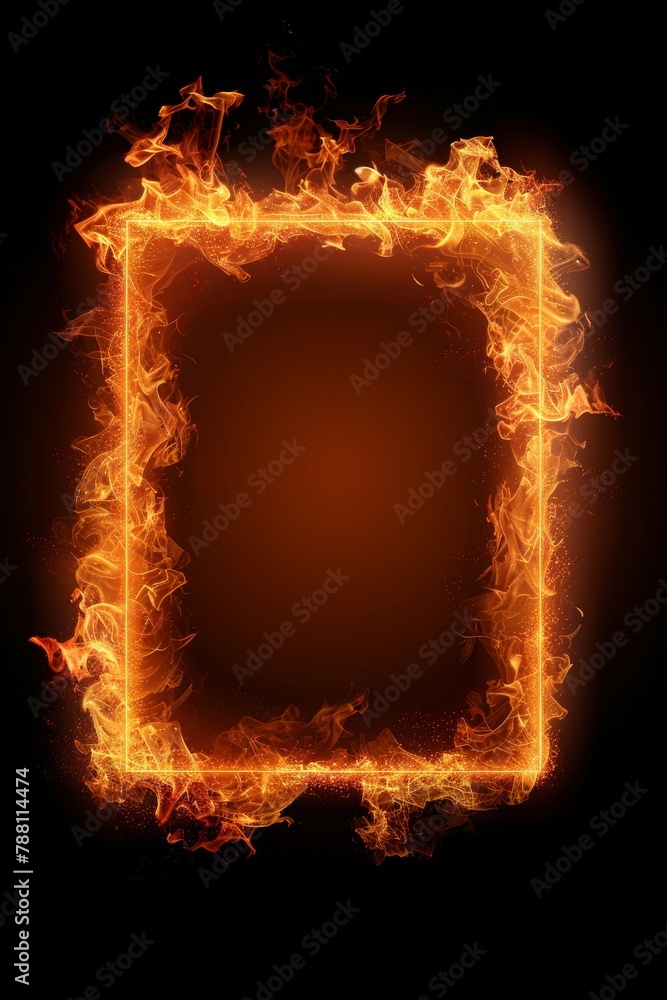 Poster vibrant rectangular frame of burning flames on dark background for striking visual impact