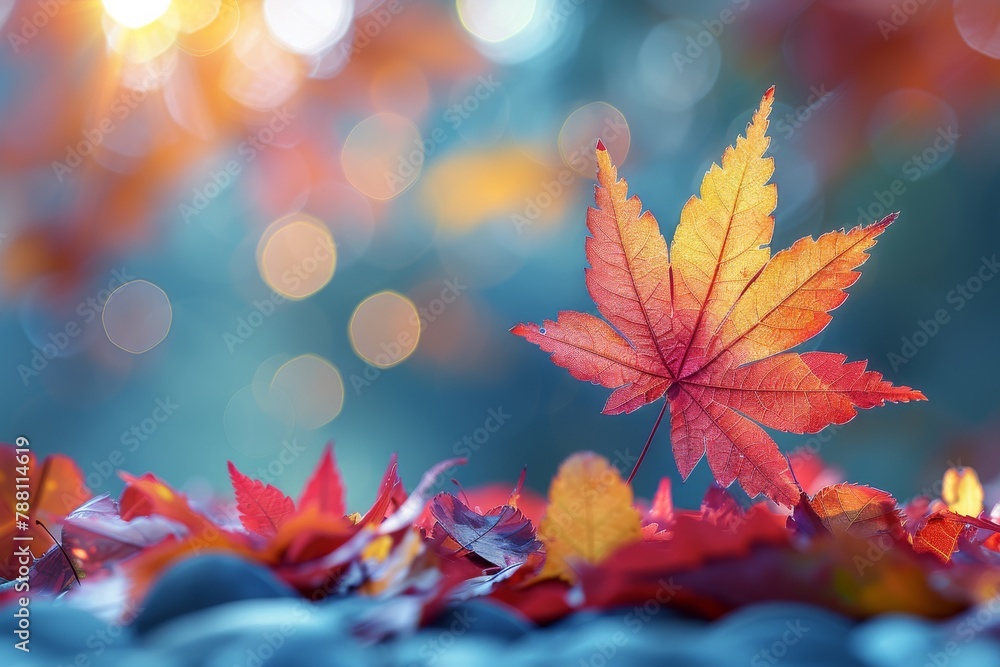 Poster a single maple leaf is in sharp focus with a gradient blue to warm bokeh background, highlighting th
