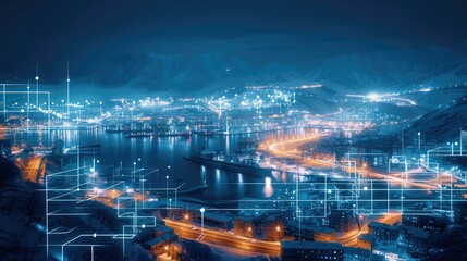 Overlooking coastal ports, big data, smart city, lighting effects, X-ray style, light blue and white, black background, add some data transfer icons in the background. Generative AI.