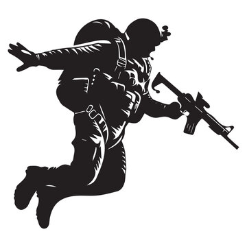 recommend clip art: A paratrooper soldier silhouette in free fall compact SMG in hand vector illustration