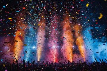 The image shows an explosion of colorful confetti at a night event, creating a vivid and festive atmosphere all around