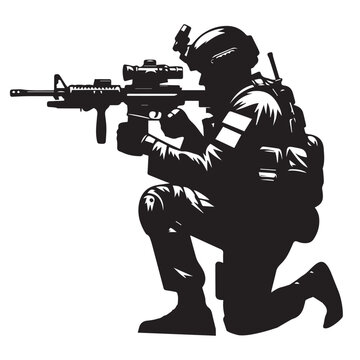 black silhouette soldier aiming rifle clip art preview
