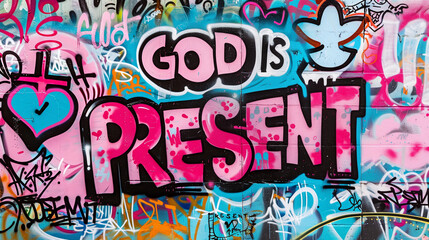 Naklejka premium Street art graffiti wall positive bold quote GOD Is Present spray painted graf paint artist tag colorful backdrop cross city lord mural faith jesus christ religion church word background painting 