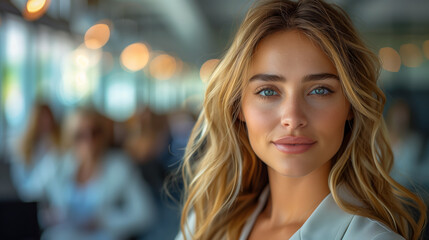 Obraz premium Happy diverse professional executive business woman looking at camera standing in office lobby hall. Generative AI