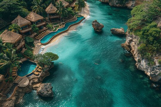 An exclusive tropical resort with individual cabins and a snaking pool located in a cove, surrounded by blue waters and rocky formations