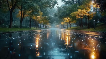 Empty street next to a park, late evening, under a gentle rain. Trees lining the street, their leaves glistening with raindrops. Generative AI. - obrazy, fototapety, plakaty