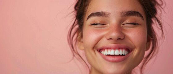 Beautiful laughing teenage girl face showing off her smooth white teeth that perfectly match her natural looking skin on an elegant soft pastel color background created with Generative AI Technology