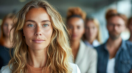 Fototapeta premium Happy diverse professional executive business team people looking at camera standing in office lobby hall. Multicultural company managers team portrait. Generative AI