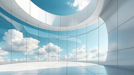 Modern minimalist architecture with white steel wall panels and curved lines on a blue sky background. Wide open space for an exhibition or conference center. Generative AI.