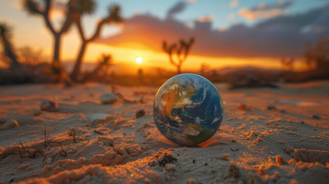 Globe in desert at sunset with Joshua trees.