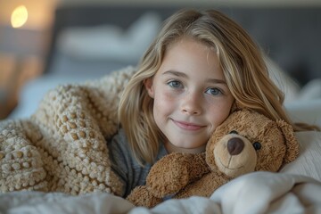 Blonde girl with a serene smile, wrapped in a blanket with a teddy bear in a cozy setting